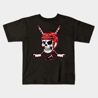 Skeleton Ice Hockey Puck Skull With Hockey Stick Halloween Kids T-Shirt